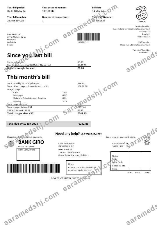 Ireland Three.ie business utility bill template in Word and PDF formats